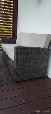 Technorattanowy komplet mebli z wysokim stołem, sofą 186cm, fotelami i pufami Cofete Dining – Brown