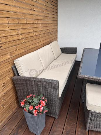 Technorattanowy komplet mebli z wysokim stołem, sofą 186cm, fotelami i pufami Cofete Dining – Brown