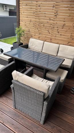 Technorattanowy komplet mebli z wysokim stołem, sofą 186cm, fotelami i pufami Cofete Dining – Brown