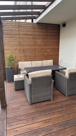 Technorattanowy komplet mebli z wysokim stołem, sofą 186cm, fotelami i pufami Cofete Dining – Brown