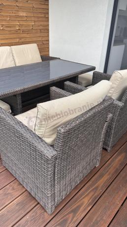 Technorattanowy komplet mebli z wysokim stołem, sofą 186cm, fotelami i pufami Cofete Dining – Brown