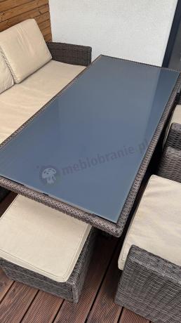 Technorattanowy komplet mebli z wysokim stołem, sofą 186cm, fotelami i pufami Cofete Dining – Brown