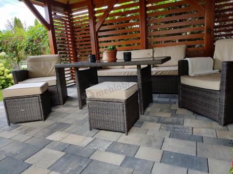 Technorattanowy komplet mebli z wysokim stołem, sofą 186cm, fotelami i pufami Cofete Dining – Brown