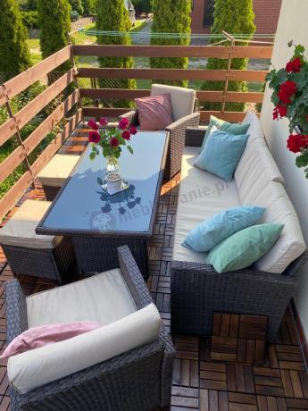 Technorattanowy komplet mebli z wysokim stołem, sofą 186cm, fotelami i pufami Cofete Dining – Brown
