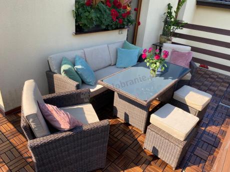 Technorattanowy komplet mebli z wysokim stołem, sofą 186cm, fotelami i pufami Cofete Dining – Brown