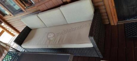Technorattanowy komplet mebli z wysokim stołem, sofą 186cm, fotelami i pufami Cofete Dining – Brown