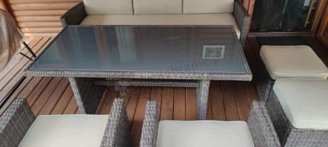 Technorattanowy komplet mebli z wysokim stołem, sofą 186cm, fotelami i pufami Cofete Dining – Brown