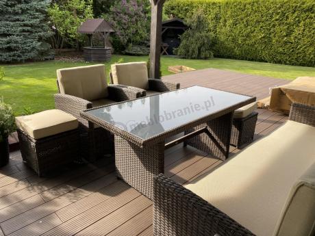Technorattanowy komplet mebli z wysokim stołem, sofą 186cm, fotelami i pufami Cofete Dining – Brown