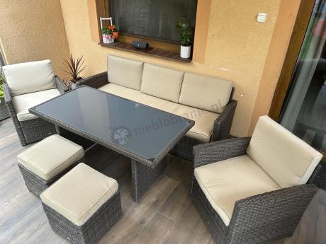 Technorattanowy komplet mebli z wysokim stołem, sofą 186cm, fotelami i pufami Cofete Dining – Brown
