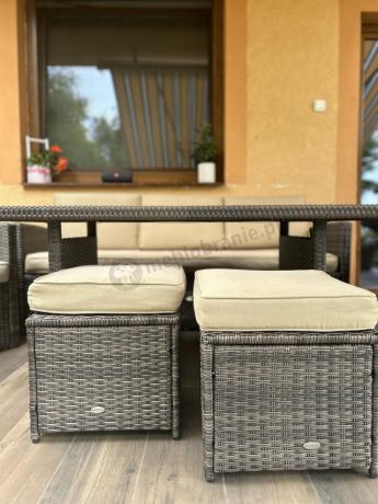 Technorattanowy komplet mebli z wysokim stołem, sofą 186cm, fotelami i pufami Cofete Dining – Brown