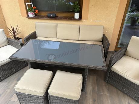 Technorattanowy komplet mebli z wysokim stołem, sofą 186cm, fotelami i pufami Cofete Dining – Brown