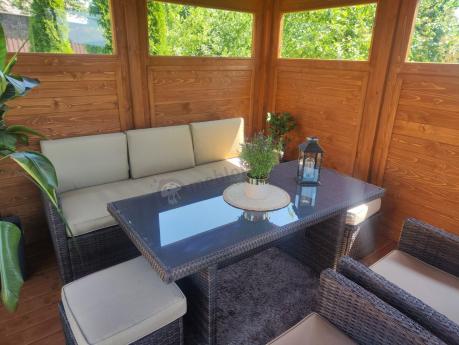 Technorattanowy komplet mebli z wysokim stołem, sofą 186cm, fotelami i pufami Cofete Dining – Brown