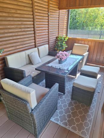 Technorattanowy komplet mebli z wysokim stołem, sofą 186cm, fotelami i pufami Cofete Dining – Brown