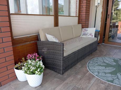 Technorattanowy komplet mebli z wysokim stołem, sofą 186cm, fotelami i pufami Cofete Dining – Brown