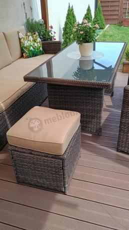 Technorattanowy komplet mebli z wysokim stołem, sofą 186cm, fotelami i pufami Cofete Dining – Brown