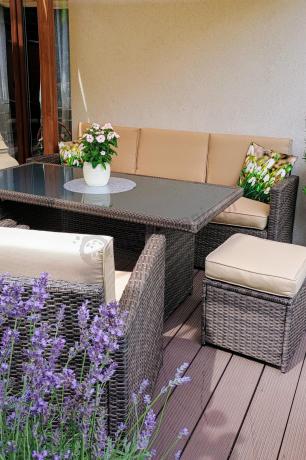 Technorattanowy komplet mebli z wysokim stołem, sofą 186cm, fotelami i pufami Cofete Dining – Brown