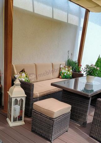 Technorattanowy komplet mebli z wysokim stołem, sofą 186cm, fotelami i pufami Cofete Dining – Brown