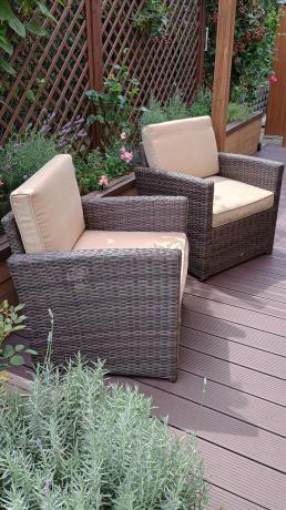 Technorattanowy komplet mebli z wysokim stołem, sofą 186cm, fotelami i pufami Cofete Dining – Brown