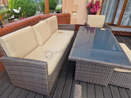 Technorattanowy komplet mebli z wysokim stołem, sofą 186cm, fotelami i pufami Cofete Dining – Brown