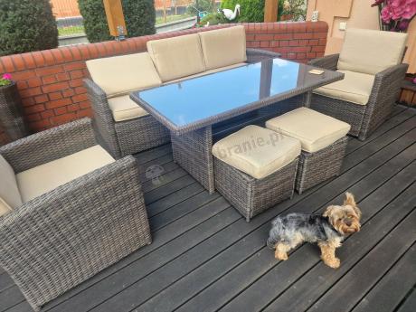 Technorattanowy komplet mebli z wysokim stołem, sofą 186cm, fotelami i pufami Cofete Dining – Brown