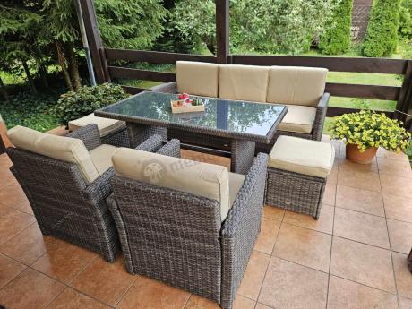 Technorattanowy komplet mebli z wysokim stołem, sofą 186cm, fotelami i pufami Cofete Dining – Brown
