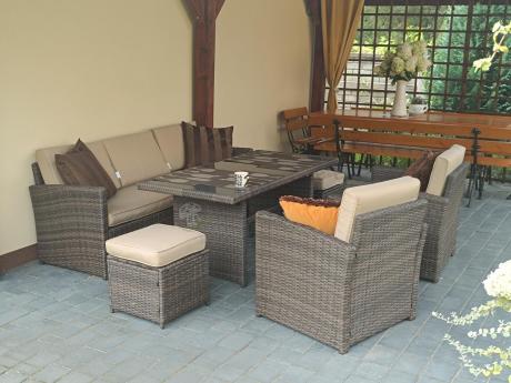 Technorattanowy komplet mebli z wysokim stołem, sofą 186cm, fotelami i pufami Cofete Dining – Brown