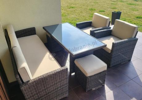 Technorattanowy komplet mebli z wysokim stołem, sofą 186cm, fotelami i pufami Cofete Dining – Brown