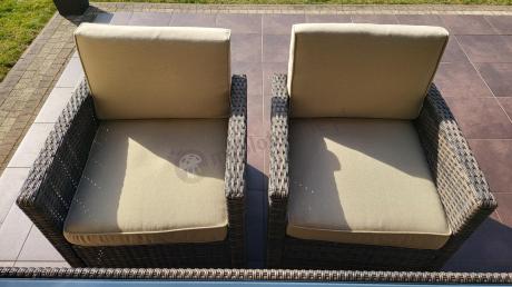 Technorattanowy komplet mebli z wysokim stołem, sofą 186cm, fotelami i pufami Cofete Dining – Brown