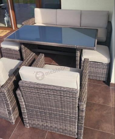 Technorattanowy komplet mebli z wysokim stołem, sofą 186cm, fotelami i pufami Cofete Dining – Brown