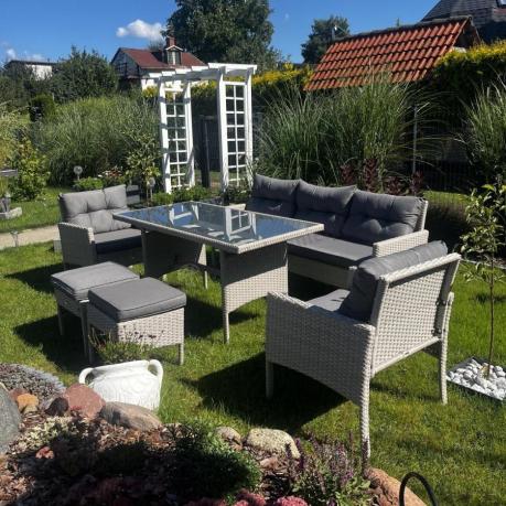 Technorattanowy komplet ogrodowy z sofą 175cm i wysokim stołem Perata Dining Grey
