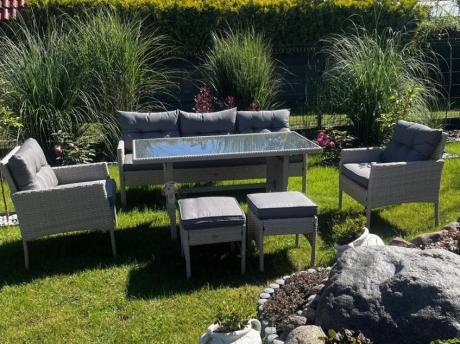 Technorattanowy komplet ogrodowy z sofą 175cm i wysokim stołem Perata Dining Grey
