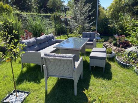 Technorattanowy komplet ogrodowy z sofą 175cm i wysokim stołem Perata Dining Grey