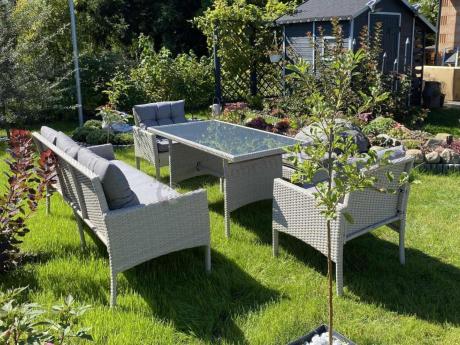 Technorattanowy komplet ogrodowy z sofą 175cm i wysokim stołem Perata Dining Grey