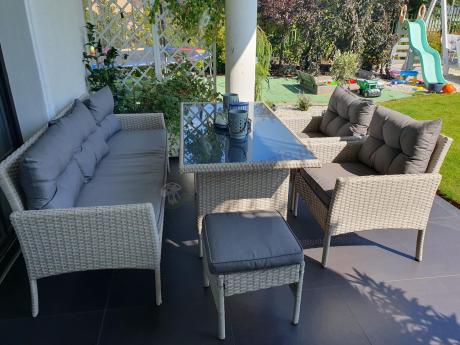 Technorattanowy komplet ogrodowy z sofą 175cm i wysokim stołem Perata Dining Grey