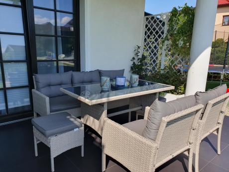 Technorattanowy komplet ogrodowy z sofą 175cm i wysokim stołem Perata Dining Grey