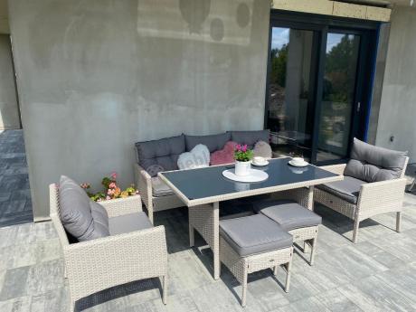 Technorattanowy komplet ogrodowy z sofą 175cm i wysokim stołem Perata Dining Grey