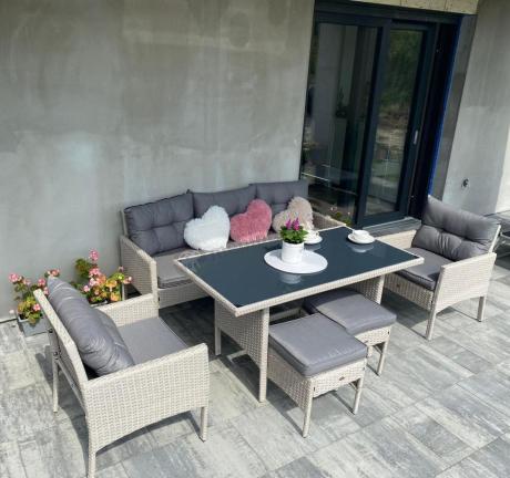 Technorattanowy komplet ogrodowy z sofą 175cm i wysokim stołem Perata Dining Grey