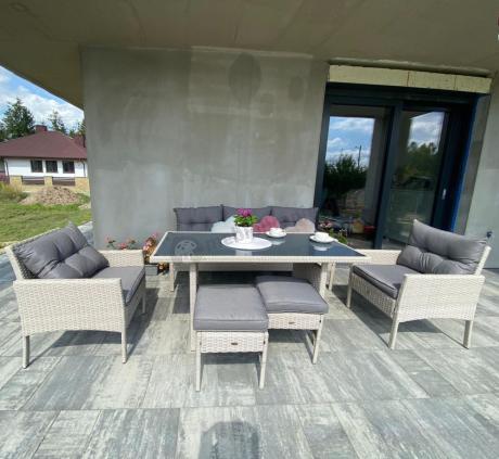 Technorattanowy komplet ogrodowy z sofą 175cm i wysokim stołem Perata Dining Grey