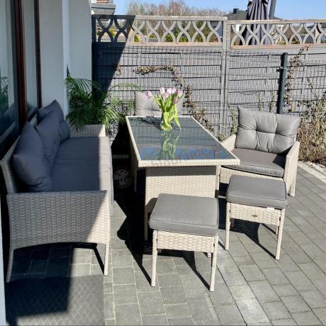 Technorattanowy komplet ogrodowy z sofą 175cm i wysokim stołem Perata Dining Grey