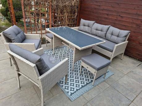 Technorattanowy komplet ogrodowy z sofą 175cm i wysokim stołem Perata Dining Grey