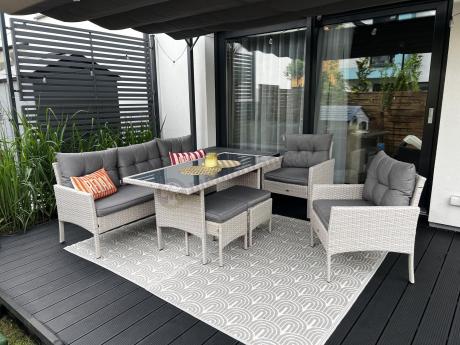 Technorattanowy komplet ogrodowy z sofą 175cm i wysokim stołem Perata Dining Grey