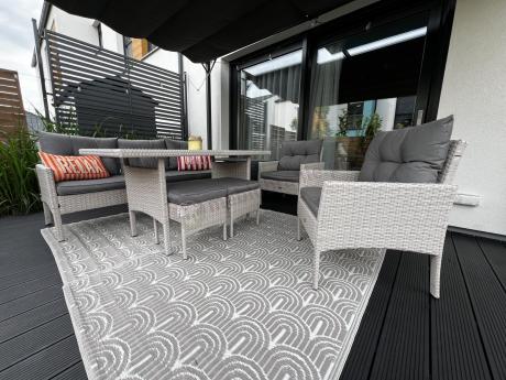 Technorattanowy komplet ogrodowy z sofą 175cm i wysokim stołem Perata Dining Grey