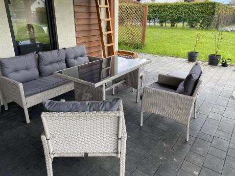Technorattanowy komplet ogrodowy z sofą 175cm i wysokim stołem Perata Dining Grey