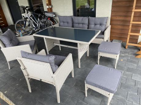 Technorattanowy komplet ogrodowy z sofą 175cm i wysokim stołem Perata Dining Grey
