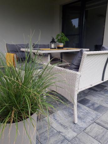 Technorattanowy komplet ogrodowy z sofą 175cm i wysokim stołem Perata Dining Grey