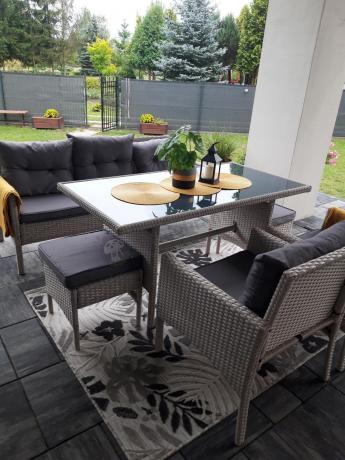 Technorattanowy komplet ogrodowy z sofą 175cm i wysokim stołem Perata Dining Grey