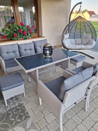 Technorattanowy komplet ogrodowy z sofą 175cm i wysokim stołem Perata Dining Grey