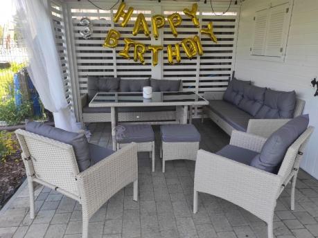 Technorattanowy komplet ogrodowy z sofą 175cm i wysokim stołem Perata Dining Grey