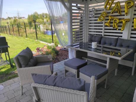 Technorattanowy komplet ogrodowy z sofą 175cm i wysokim stołem Perata Dining Grey