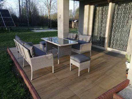Technorattanowy komplet ogrodowy z sofą 175cm i wysokim stołem Perata Dining Grey